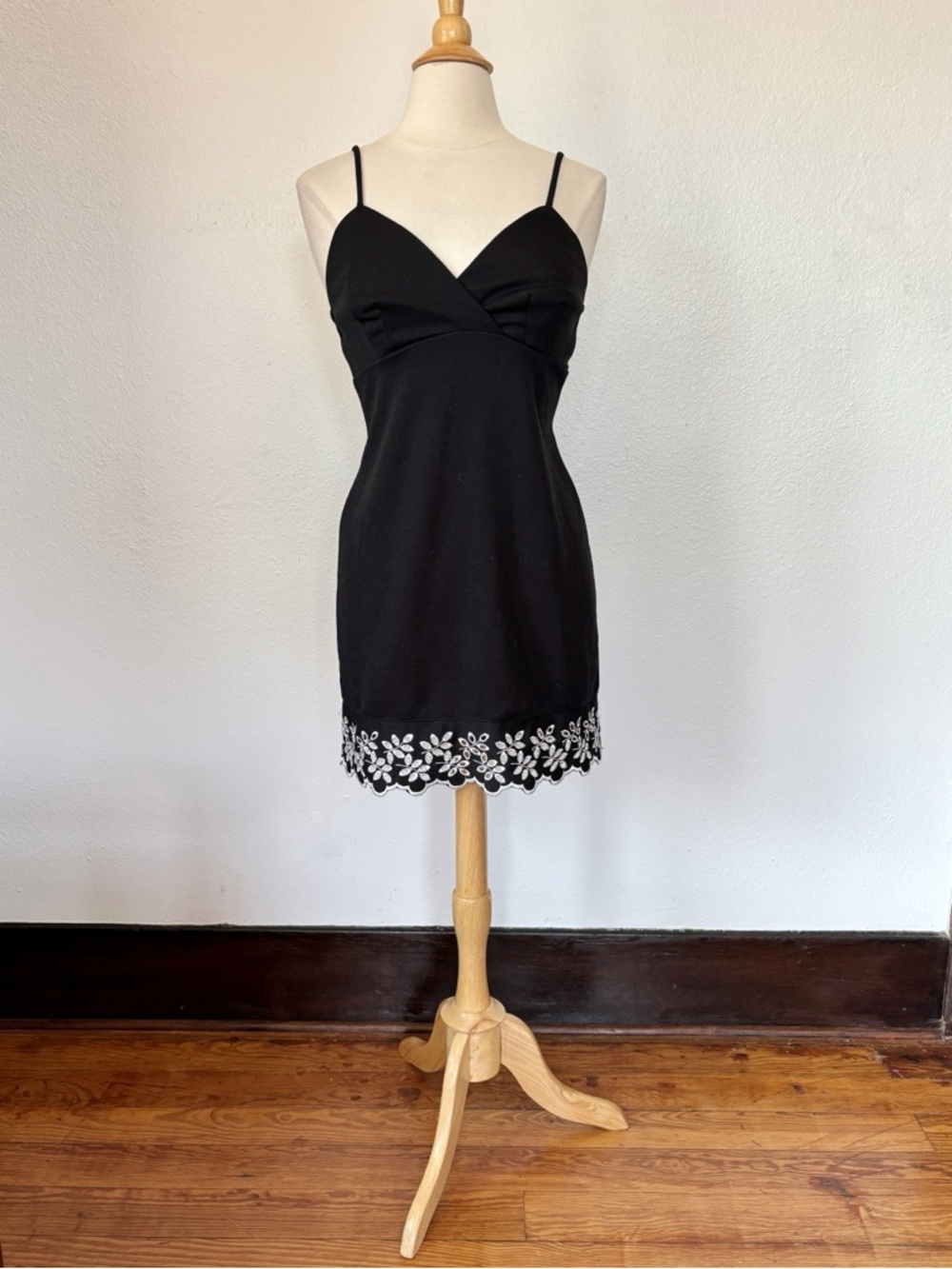 Vintage Black Mini Dress with White Floral Hem